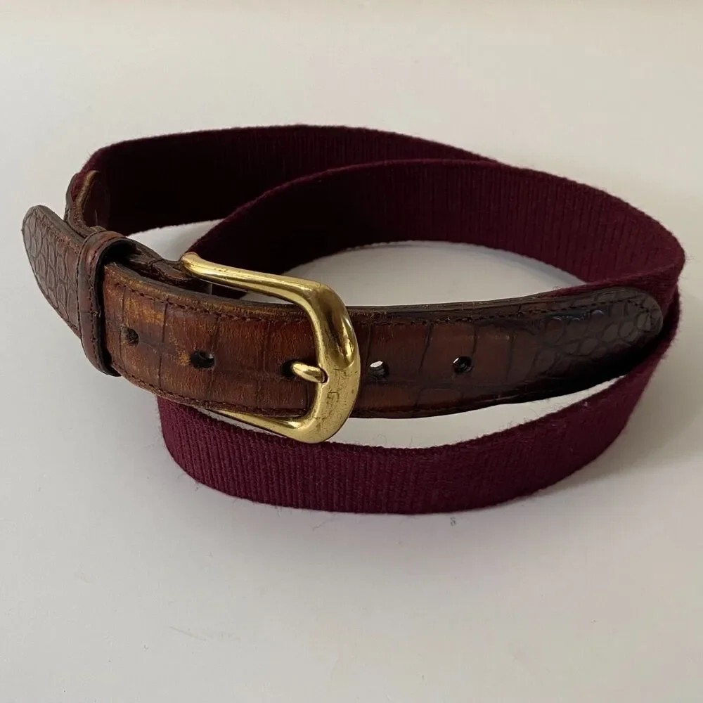 Men's Belt Burgundy Red Classic Canvas & Brown Leather Siz 34 Solid Brass Buckle